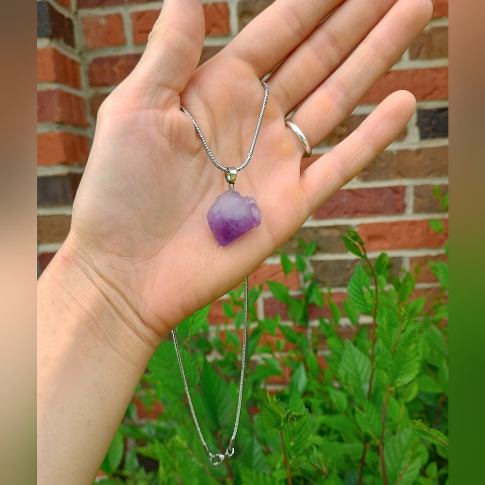 Amethyst Crystal Nugget Pendant Necklace With Stainless Steel Chain